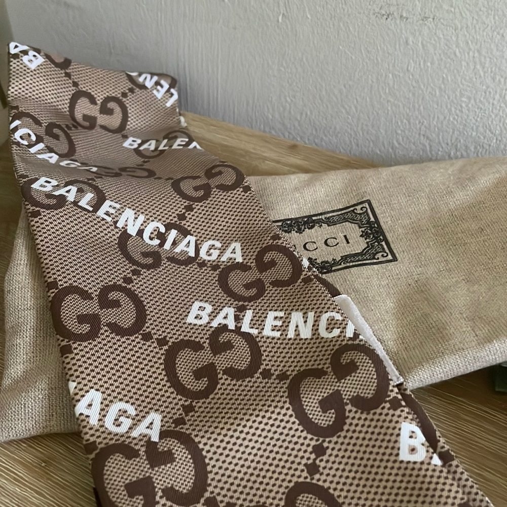 Gucci X BALENCIAGA Silk Twill Maxi GG Monogram Neck Bow Scarf Brown - sold out